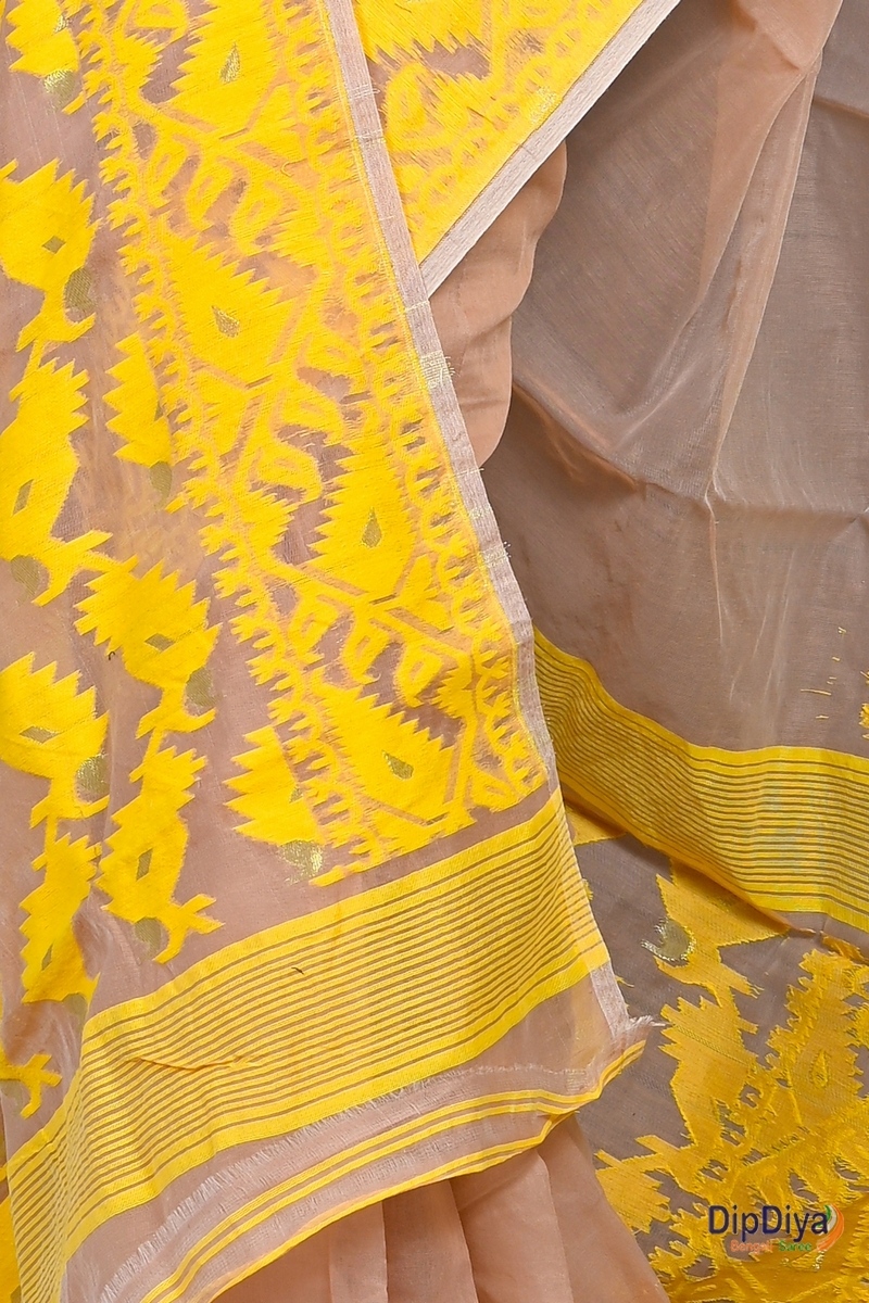 Brown Yellow Cotton Blended Parv Jamdani Saree (563)